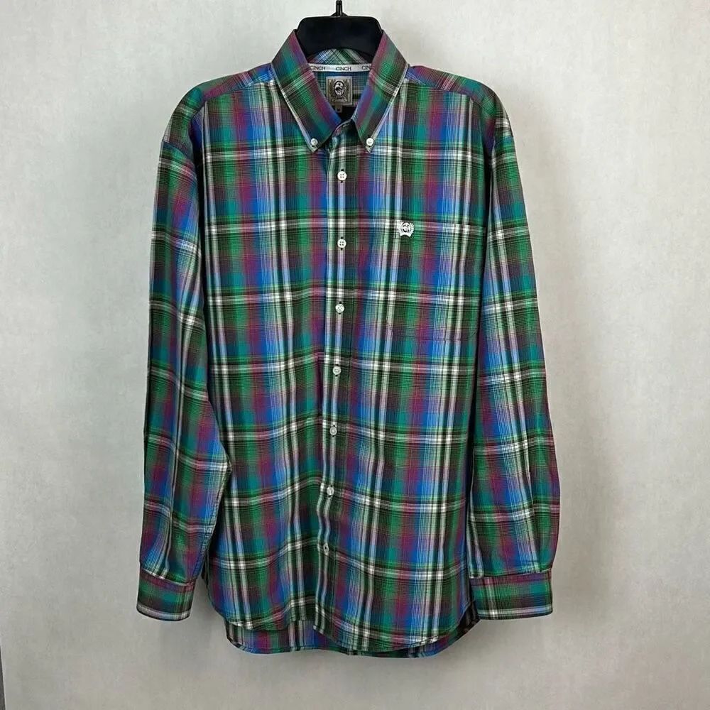Cinch Button Down Shirt Sz Medium Long Sleeve Plaid Blue Green Button Front Up